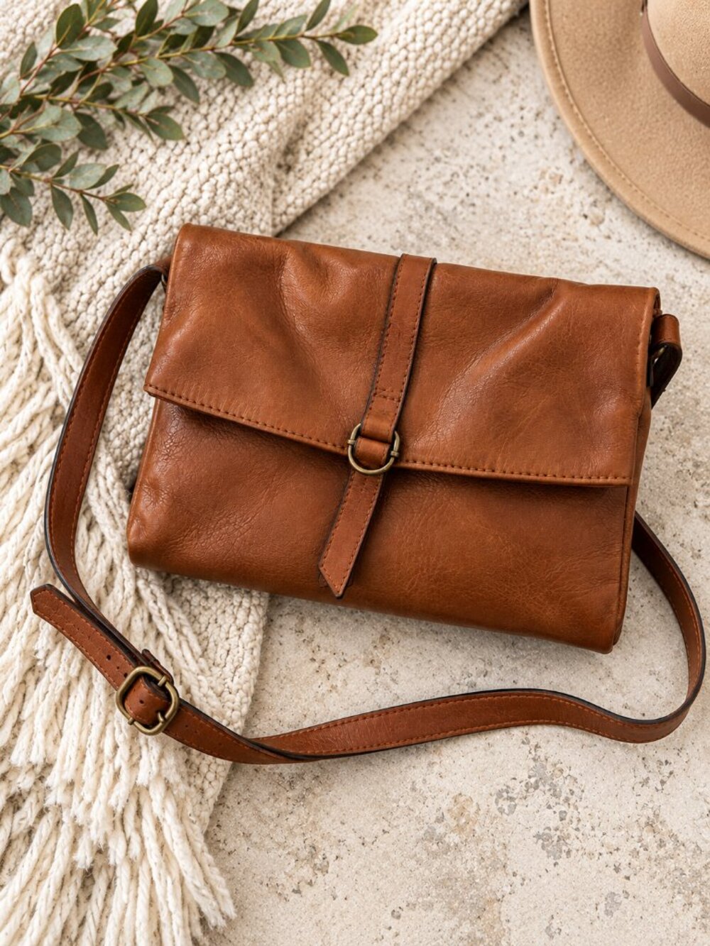 Lucky Brand Cognac Brown Genuine Leather Foldover Crossbody Bag Boho